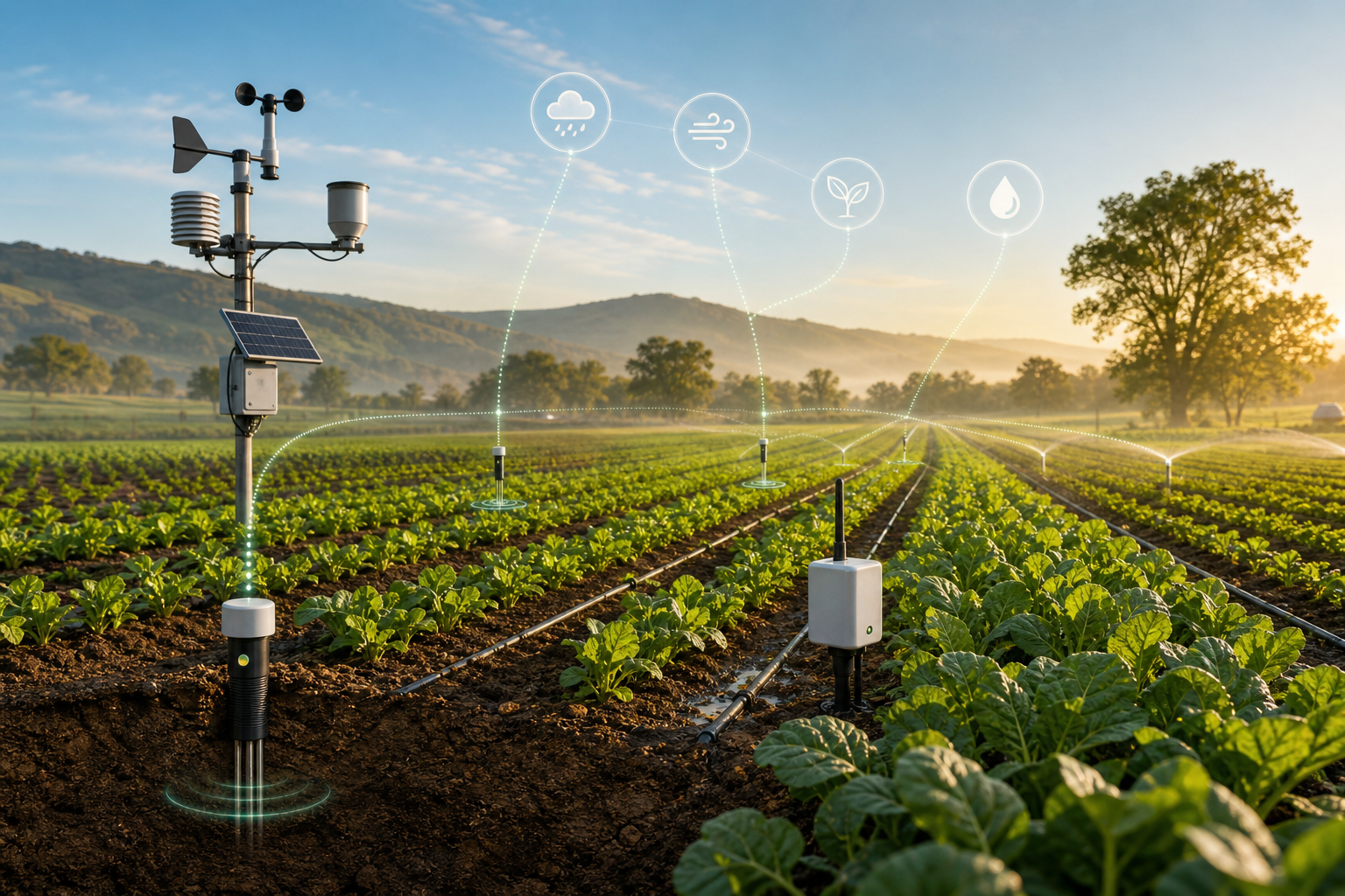 Concept illustration of a cultivated field with soil probes, a weather station, irrigation, and connected environmental signals.