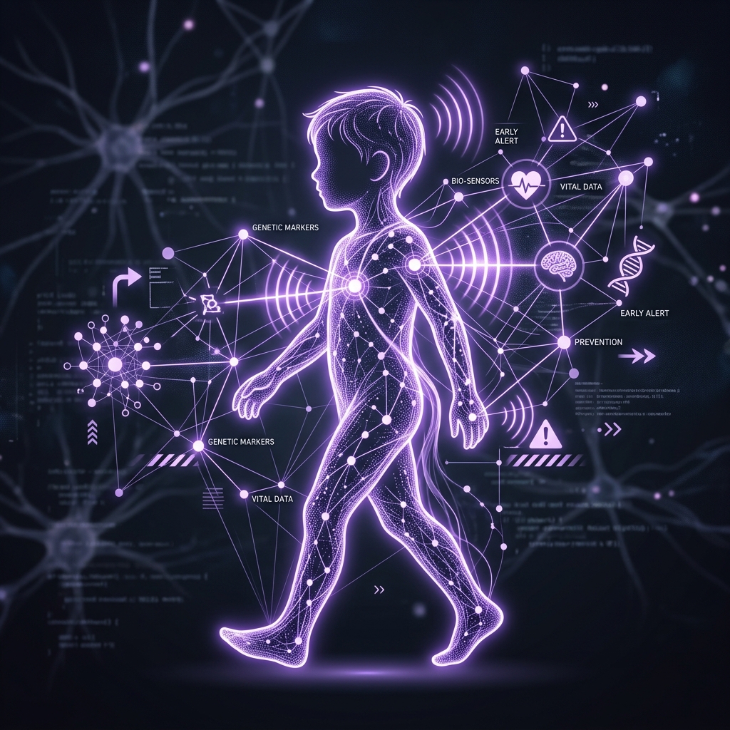 Illustration of neural pathways and facial analysis converging on a timeline for early diagnosis.