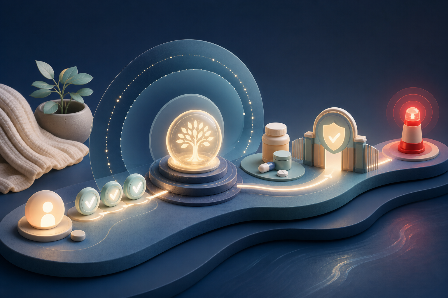 Concept illustration of grounded support, daily check-ins, medication reminders, caregiver approval, and an escalation beacon.
