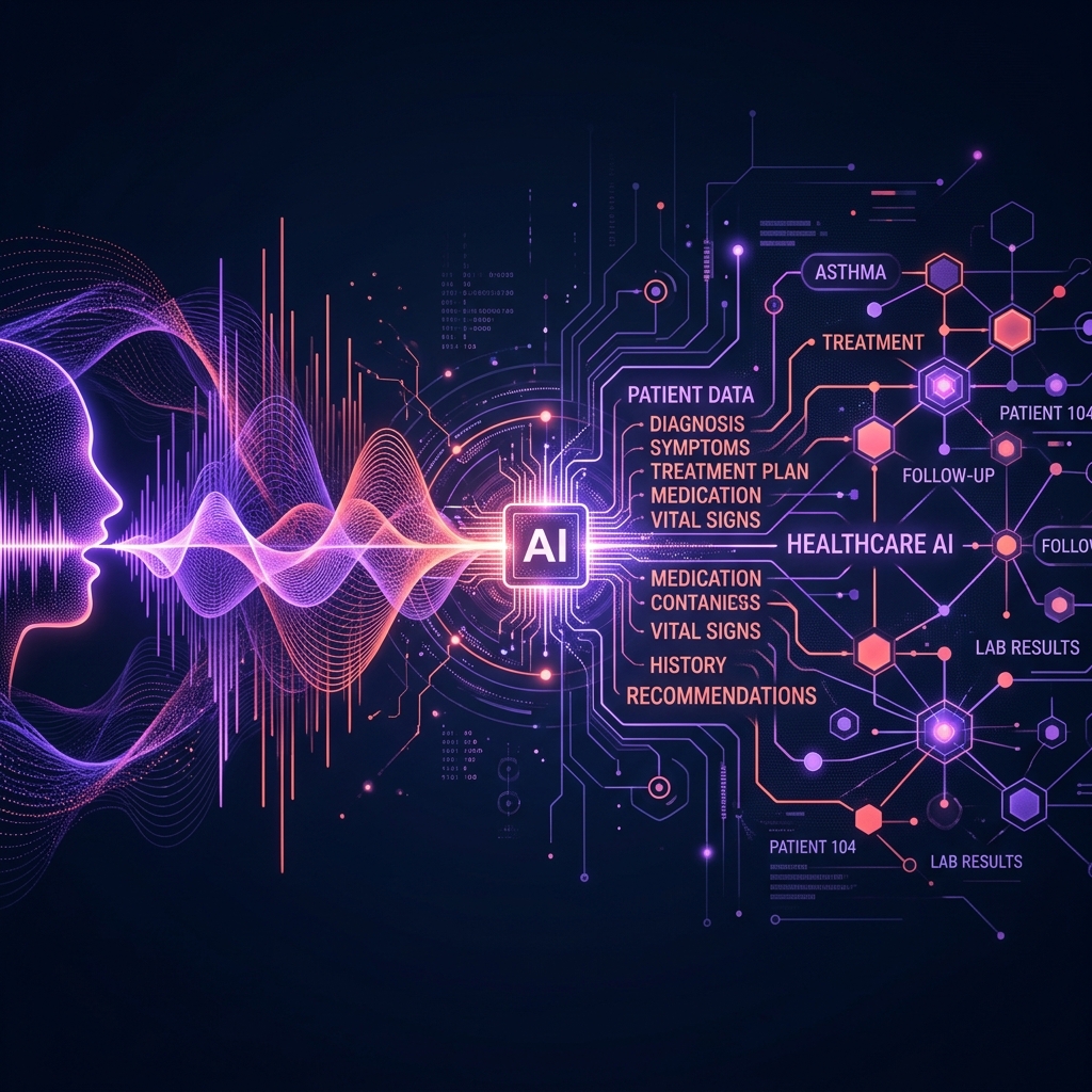 Illustration of sound waves and speech patterns transforming into clear structured text.