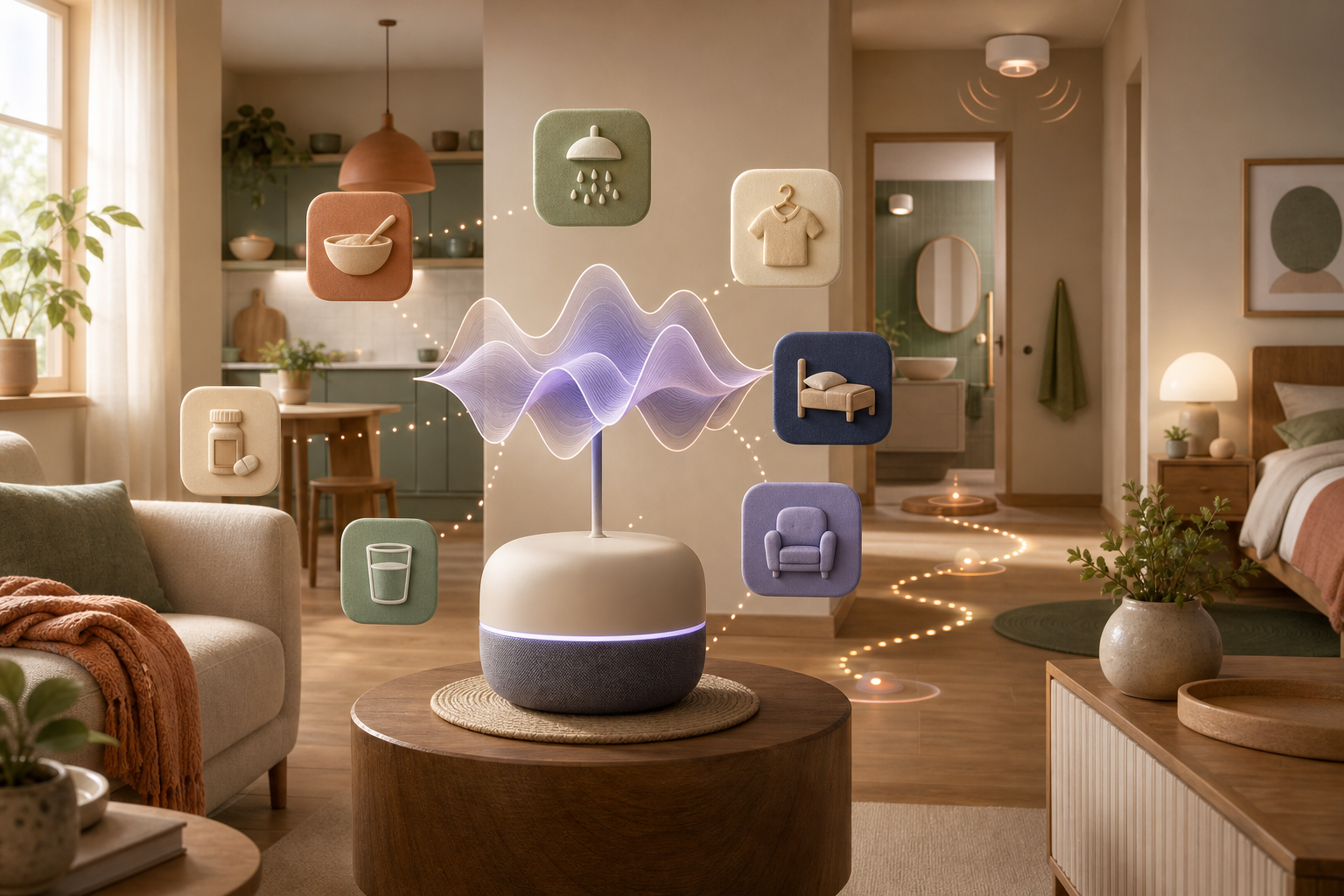 Concept illustration of a home support hub connecting voice interaction, daily routine prompts, reminders, and safety signals.