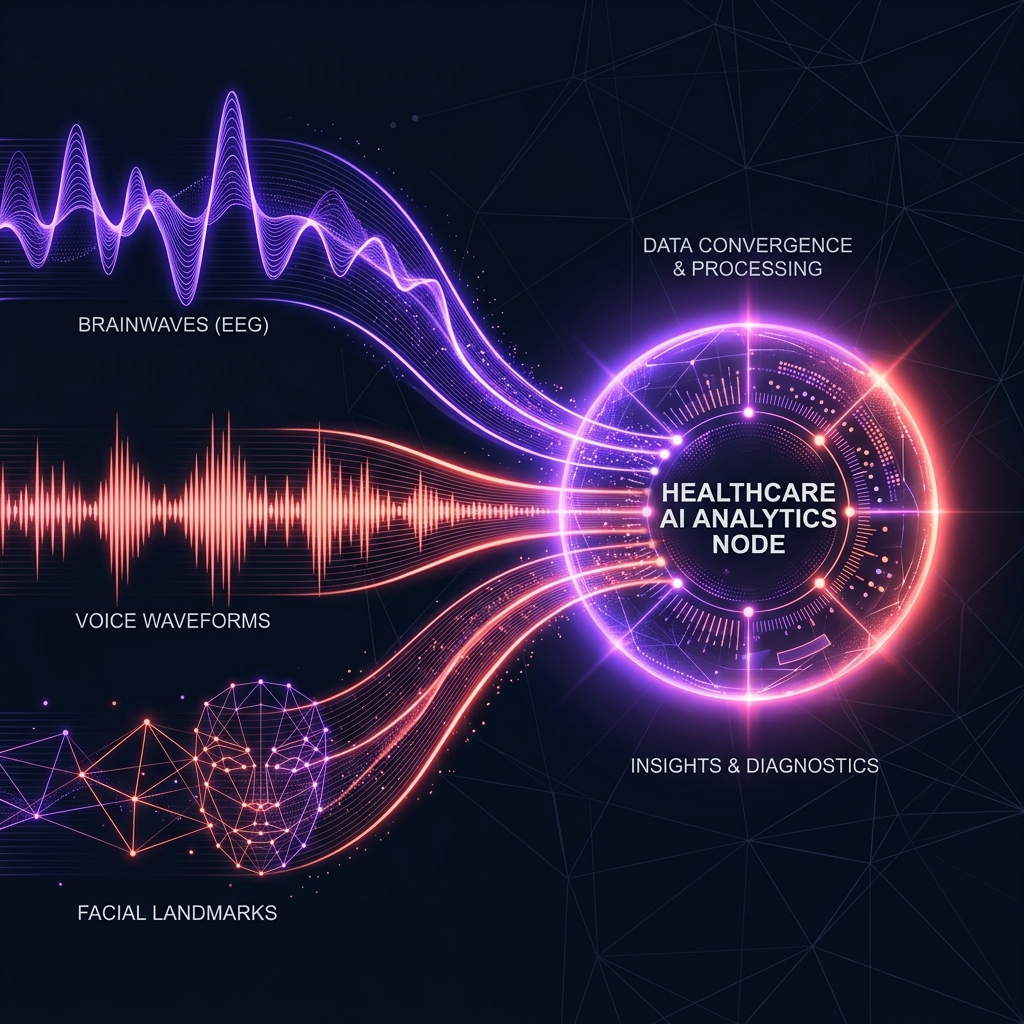 Illustration of brainwaves, voice waveforms, and facial landmarks converging into a single analytical node.