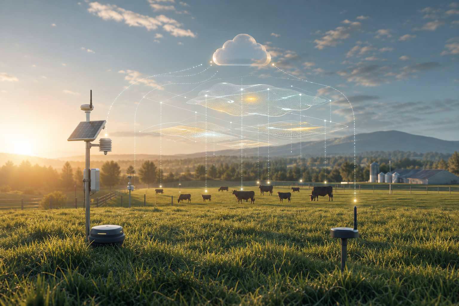 Concept visualization of a livestock pasture with connected field sensors, cattle action signals, and a cloud monitoring layer.