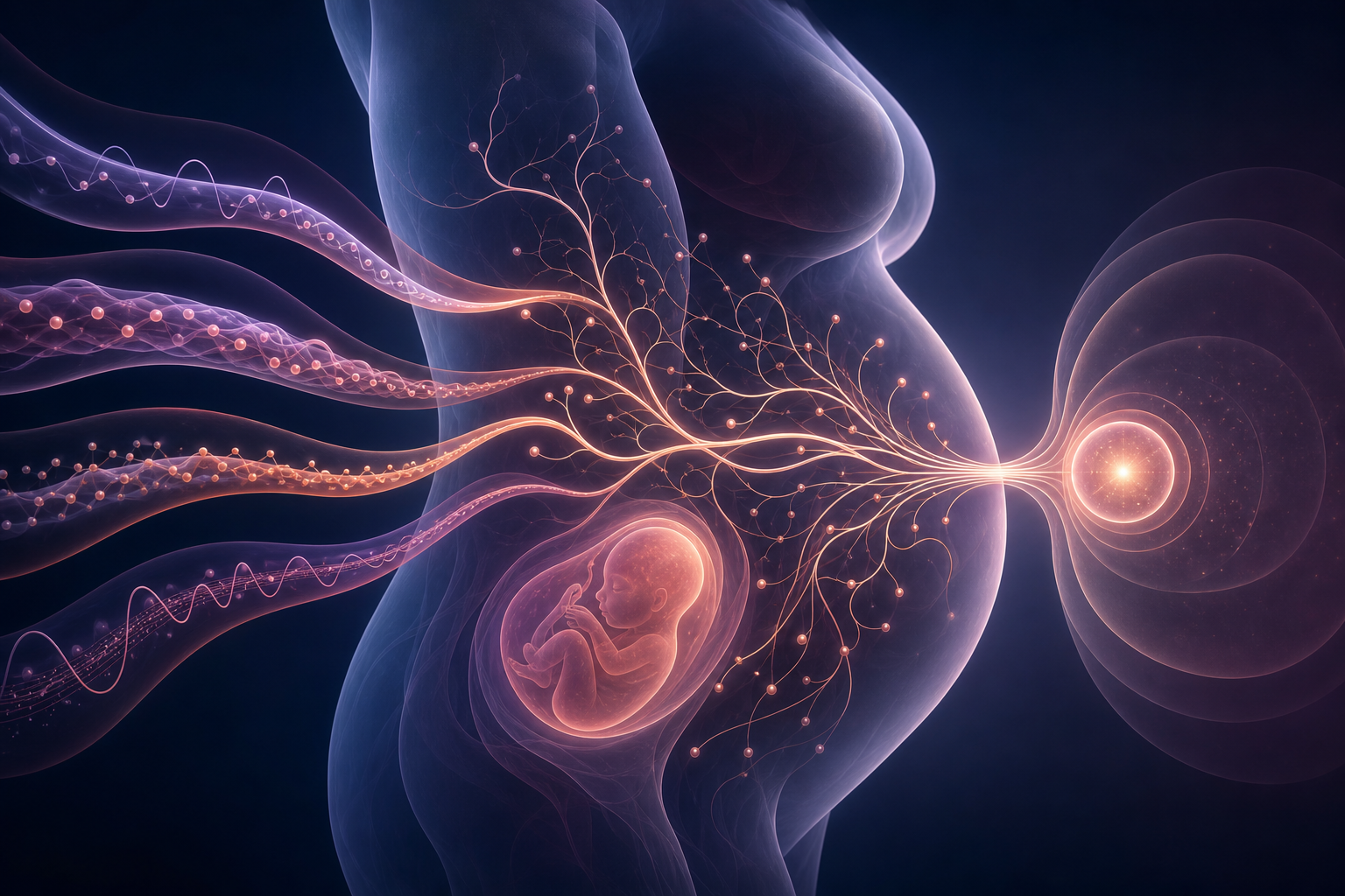 Concept illustration of maternal and fetal signals moving through an explanatory risk-analysis network toward a review beacon.