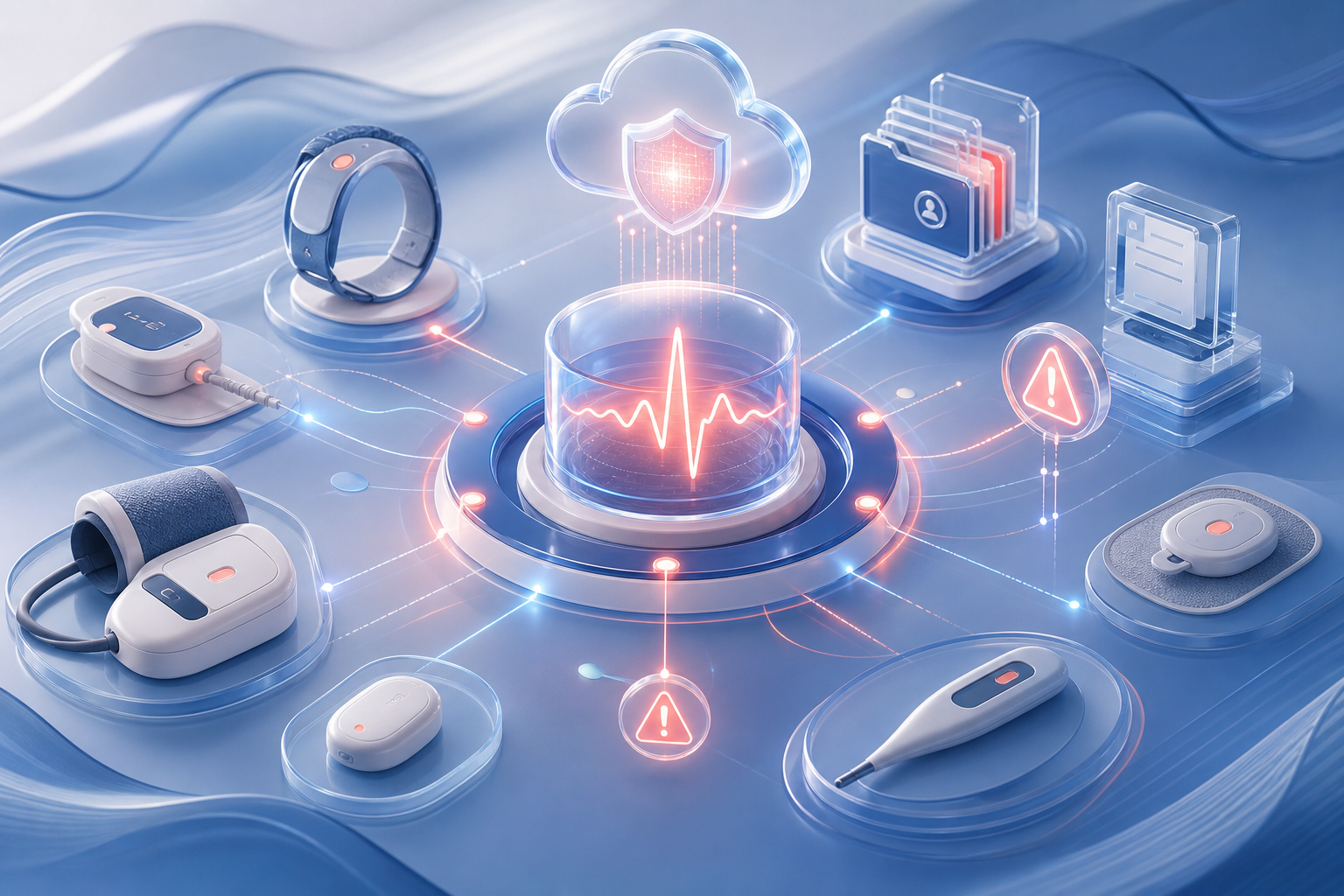 Concept illustration of connected vital-sign devices, protected medical records, cloud routing, and alert signals.