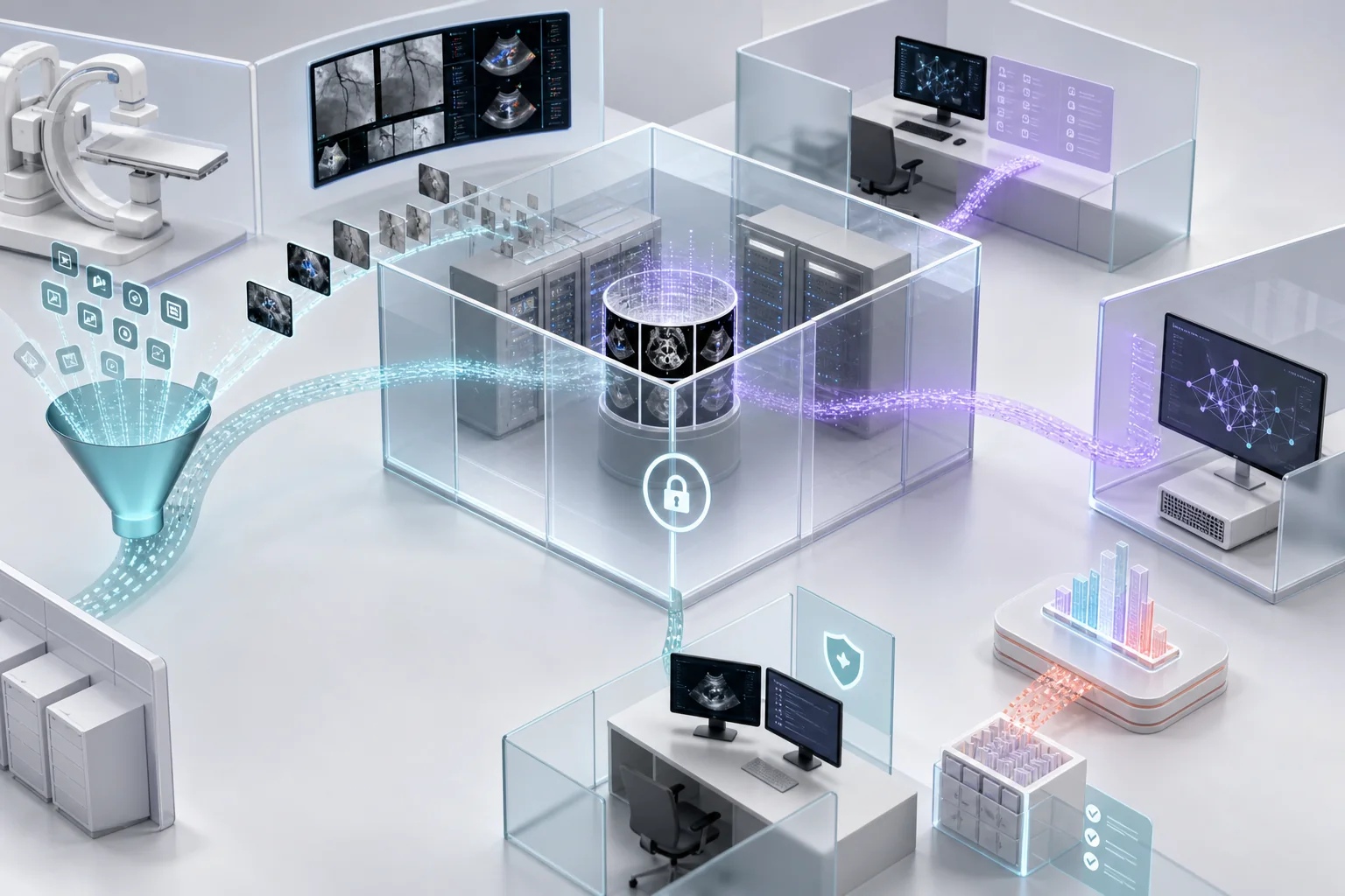 Conceptual secure medical-imaging environment with protected archives, governed access, and isolated research workflows.