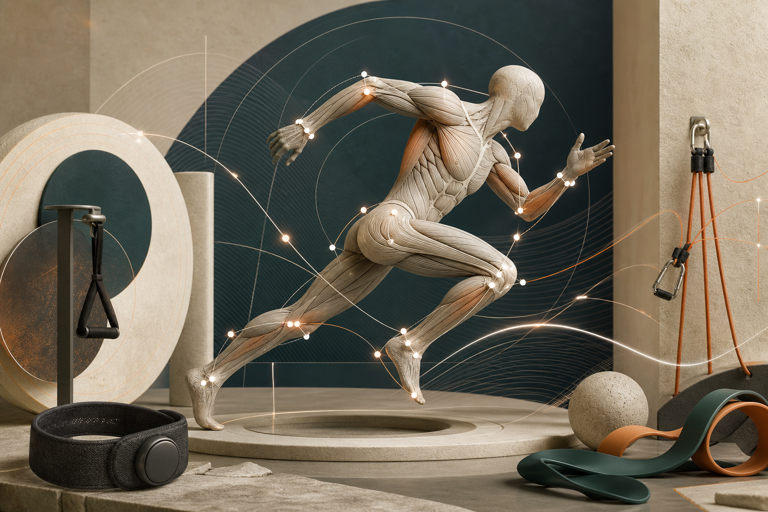 Concept illustration of a gender-neutral anatomical muscle model with motion-capture points, physiology sensing, and rehabilitation equipment.