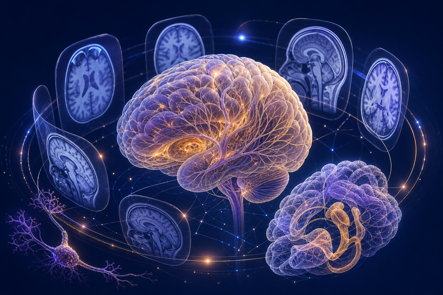 Concept illustration of multi-view brain MRI slices orbiting a three-dimensional anatomical brain model.