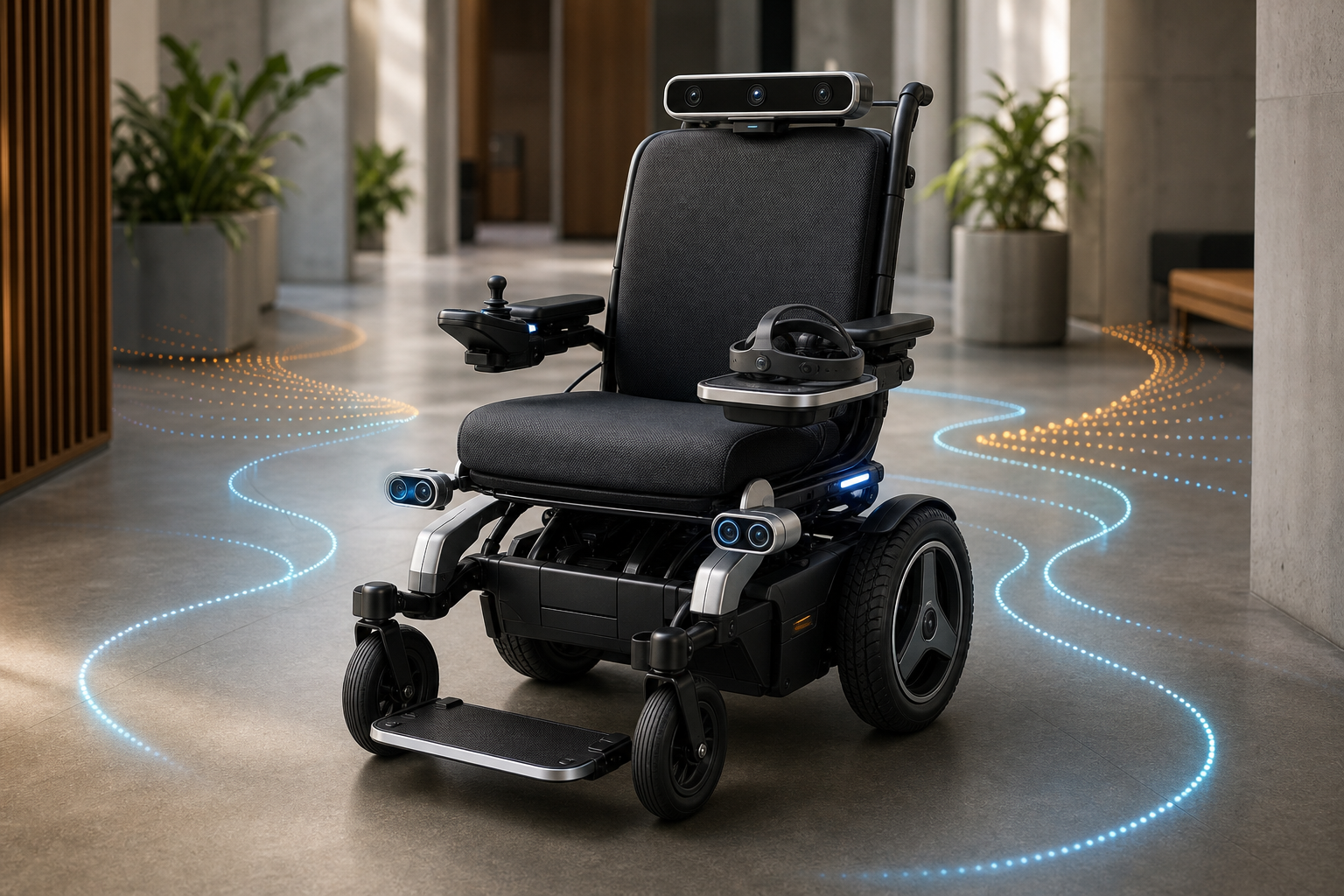 Concept illustration of an assistive smart wheelchair with non-invasive BCI equipment, camera sensing, and ultrasonic obstacle-awareness paths.